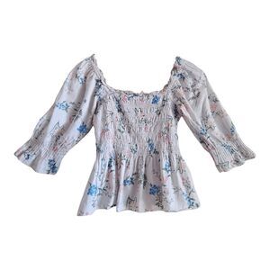 SAYLOR Women's XS S Clover Top Smocked Square Neck Puff Sleeves Floral Cotton